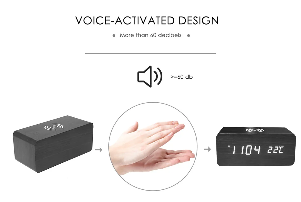Светодиодный Деревянный Будильник с электронным голосовым управлением, естественное прикосновение, свежий визуальный опыт, поддержка беспроводной зарядки