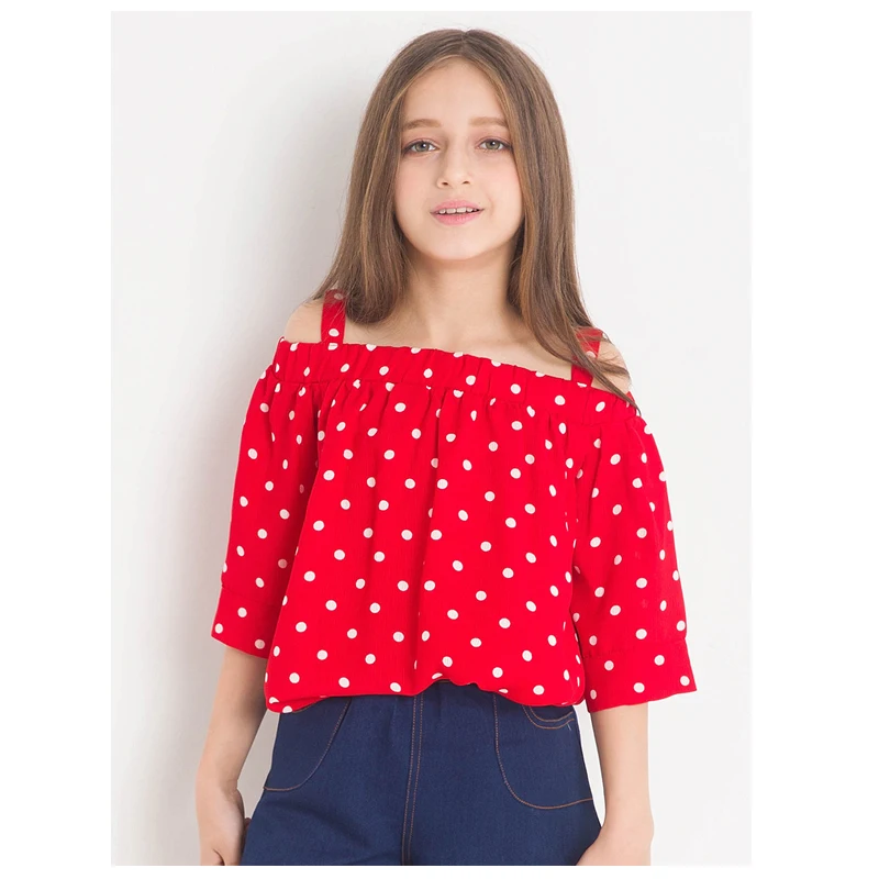 Dot Print Sweet Girls Tops Off shoulder Red T shirts for Little Girl