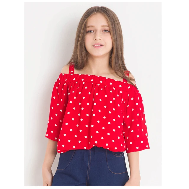 Dot Print Sweet Girls Tops Off shoulder Red T shirts for Little Girl