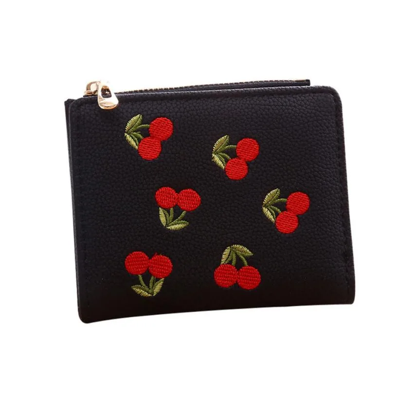 

Embroidery Cherry Small Wallet Billeteras Zipper Coins Holder Purse Carteras Mujer Female Clutches Leather Wallets#121