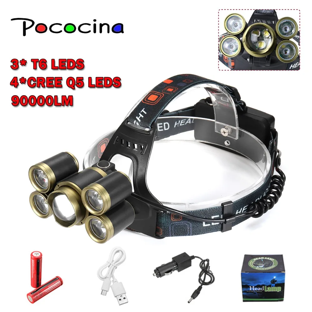 

Led Headlamps 18650 Battery 3*T6 4*CREE Q5 90000LM Led Headlamp Usb Rechargeable Waterproof Leds Head Lamp Flashlight Head light