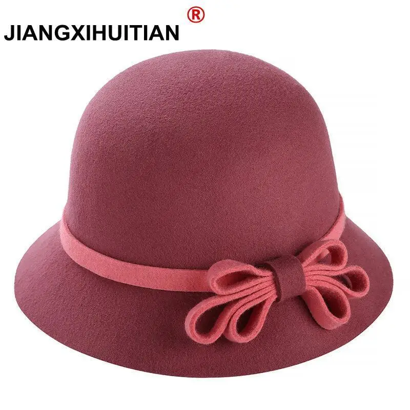 Online 2017 Nuevo de Las Mujeres 100% Real de lana Bowler Sombrero de Fedora Floppy Arco de La Vendimia mujer Sol Sombreros Sombrero de Fieltro de ala Bowler Dome Oval Plana Superior sombrero