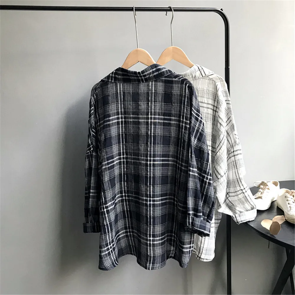 Wide Shoulder Plaid Women Blouses 2018 Autumn Linen Big Chest Plaid Shirts Loose Women Top Blusas Lantern Sleeve Clothing (3)