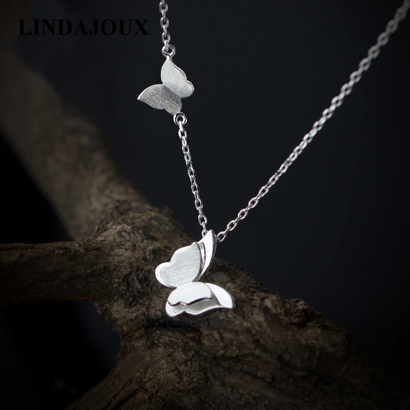 

Real 925 Sterling Silver Dual Flying Butterfly Pendant Necklace For Women Female Necklaces & Pendants