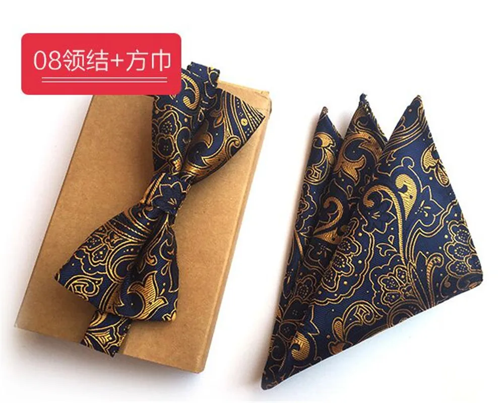 

SCST Brand Gravata Gold Paisley Print Blue Handkerchief Mens Silk Ties For Men Bow Tie With Match Pocket Square 2pcs Set A058