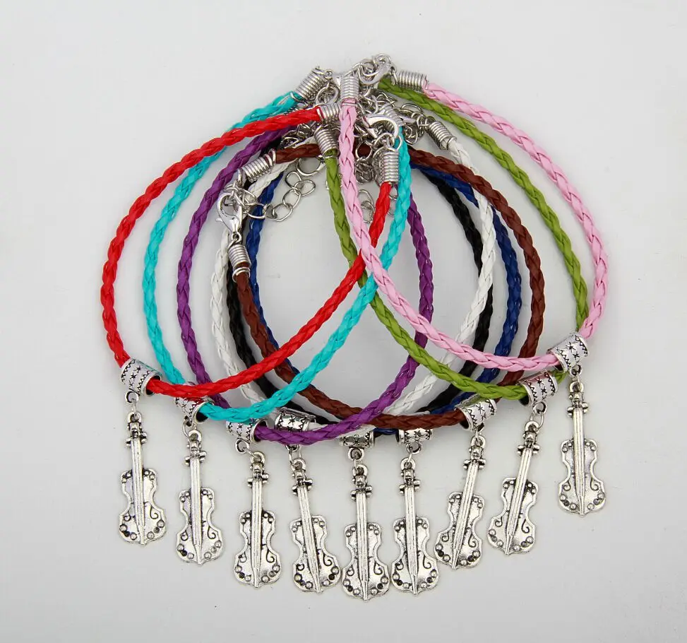 

50pcs Vintage Silver Violin Viola Cello Charm Pendants Mixed Color Braided Rope Bracelets Fashion Jewelry DIY For Women&Men S935