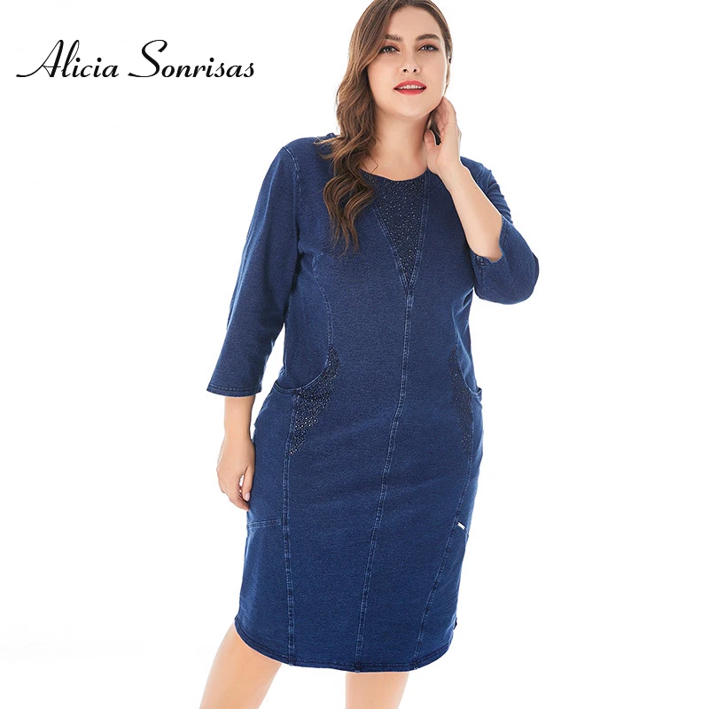 

Plus Size Women Denim Dress 4XL 5XL 6XL Dismonds Ladies Vintage Elegant Noble Party Large Size Spring Autumn Jeans Dresses