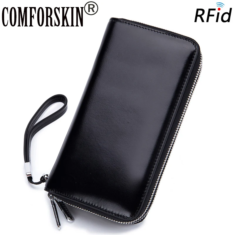 

COMFORSKIN Premium Cowhide Leather Multi-Card Bit Women Wallets RFID Protection Large Capacity Double Compartment Zipper Purses