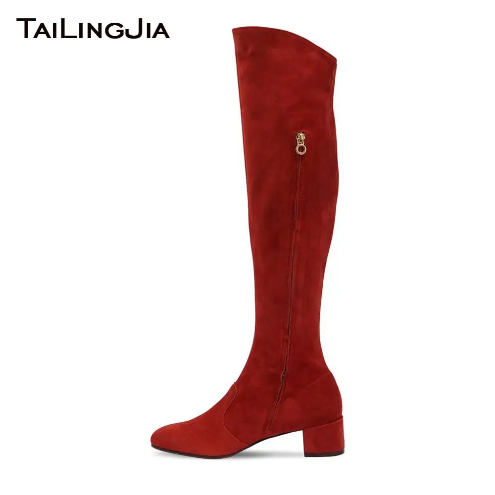 

Red Block Heel Women Over Knee Women Faux Suede Keep Warm Winter Plus Size Woman Boots Low Chunky Heel Pointed Toe Handmade Free