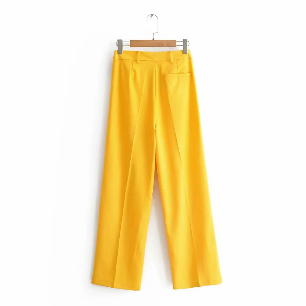 Женские желтые широкие брюки с карманами на молнии, дизайнерская одежда для офиса, длинные женские брюки, повседневные длинные штаны