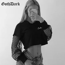 Goth ciemne kobiety bluzy bluza fajne modne ryby Mesh rękawem Patchwork Gothic pępek topy 2020 luźne dorywczo Grunge z kapturem
