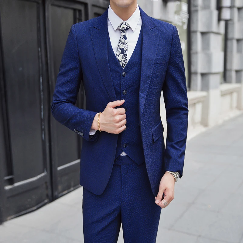 

Autumn Mens Blue Suit 3 Piece Set (suit Jackets + Vests + Trousers) Large Size S-5XL