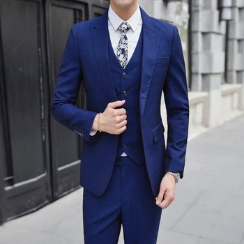 

Autumn Mens Blue Suit 3 Piece Set (suit Jackets + Vests + Trousers) Large Size S-5XL