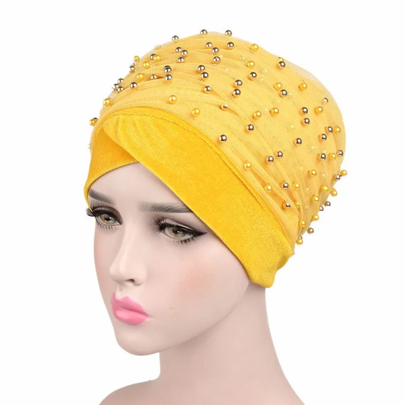 New Women Velvet Beading Scarf Hat Muslim Women Hijabs Turban Hats Indian Caps Wrap Cap long head scarf headscarf hats - Цвет: yellow