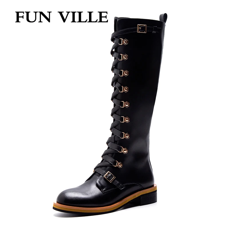 

FUN VILLE New Fashion Autumn winter Women knee High Boots Genuine leather + PU Motorcycle Boots Woman black Round toe shoes