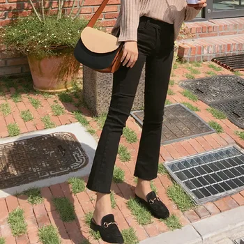 

Autumn and winter new Korean version of high waist elastic black micro-horn jeans female nine points jeansb3