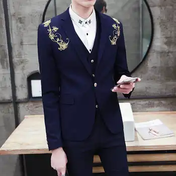 2018 Wedding Prom Latest Designs Handsome Royal Blue Burgundy Black Groom Tuxedos Gold Embroidery 3 Piece Slim Fit Mens Suits