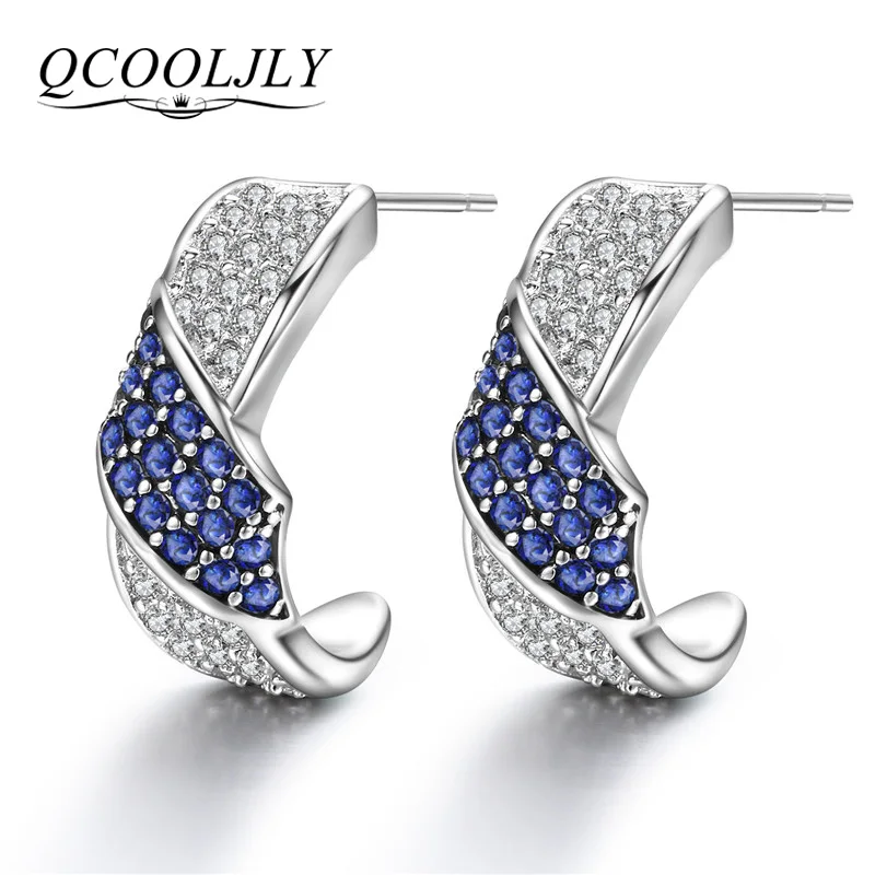 

QCOOLJLY High Quality 3 Rows Crystal Stud Earrings blue zircon Rhinestone Silver Color Stainless Steel Earring For Women Jewelry