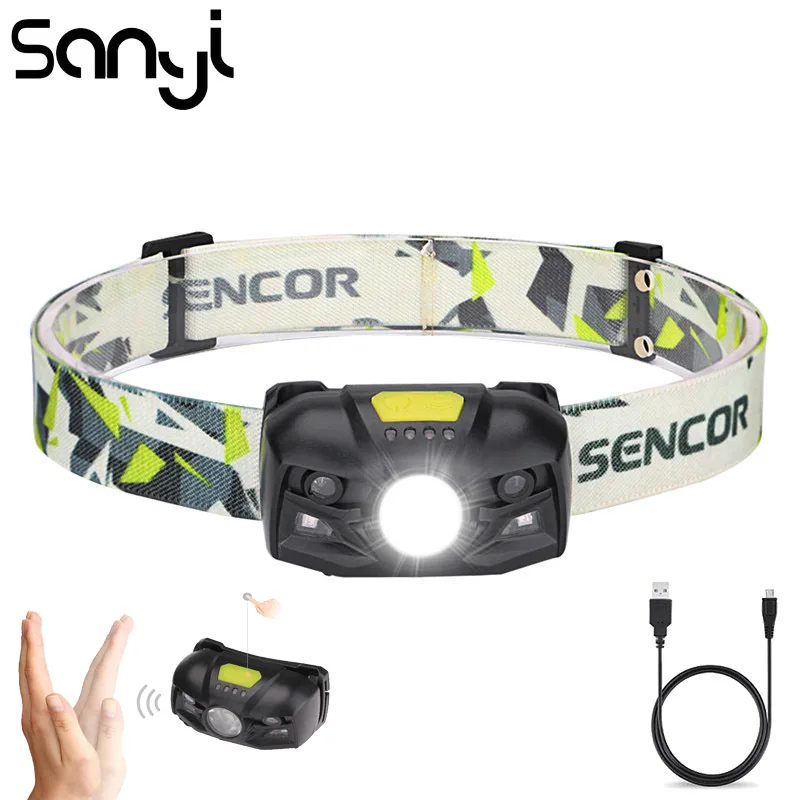 

SANYI 5 Modes Headlamp USB Rechargeable Built-in Battery LED Flashlight Forehead Finger Induction Headlight Camping Head Lamp