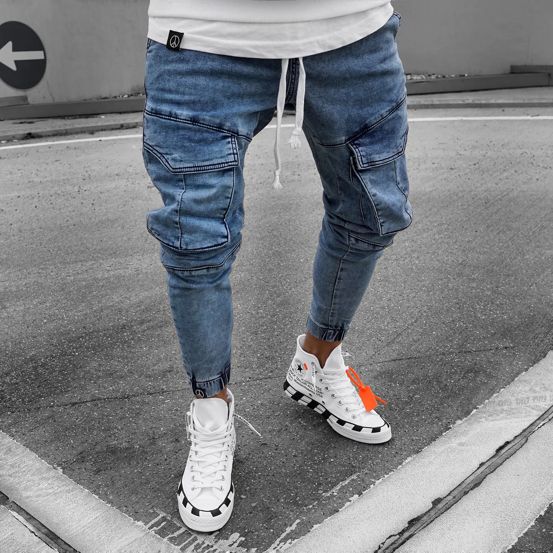 

2019 Men Casual Distressed Jeans Skinny Tactical Cargo Denim Pants 3XL
