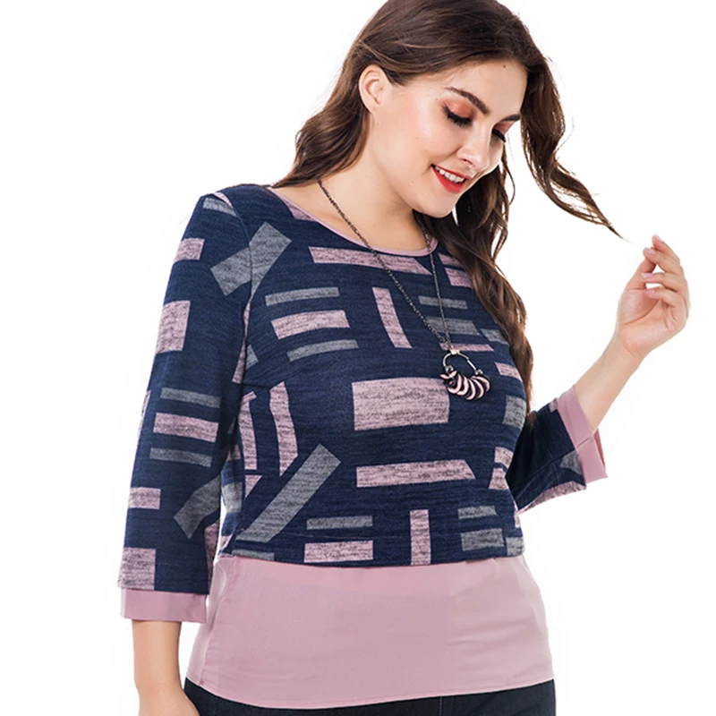 Miaoke plus size t shirt women clothing 2018 autumn new fashion knit elastic print fake two pieces tops 4XL 5XL 6XL