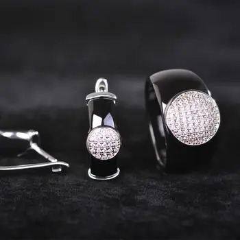 

Dazz Simple Black Round Zircon Ceramics Jewelry Sets Earrings Ring Set Women Wide Big Ring Anel China Porcelain Oorbellen Bijoux