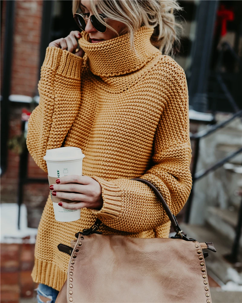 

Winter Tops For Woman 2019 Autumn Winter Sweaters Lantern Sleeves Solid Knitted Turtleneck Sweaters Casual Ladies Pullovers