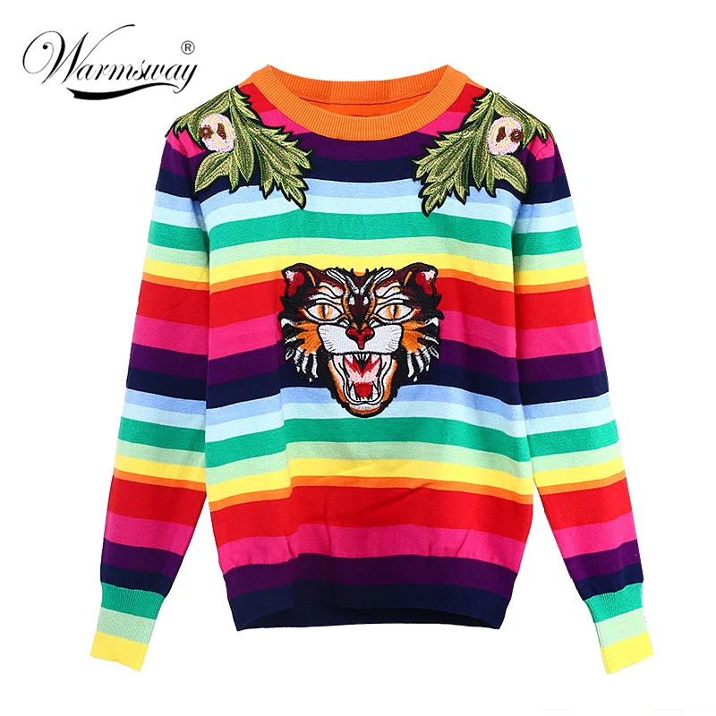 Women New vintage warm sweaters Rianbow Striped pullovers tiger embroidery winter autumn knitted retro loose tops blusas C-253