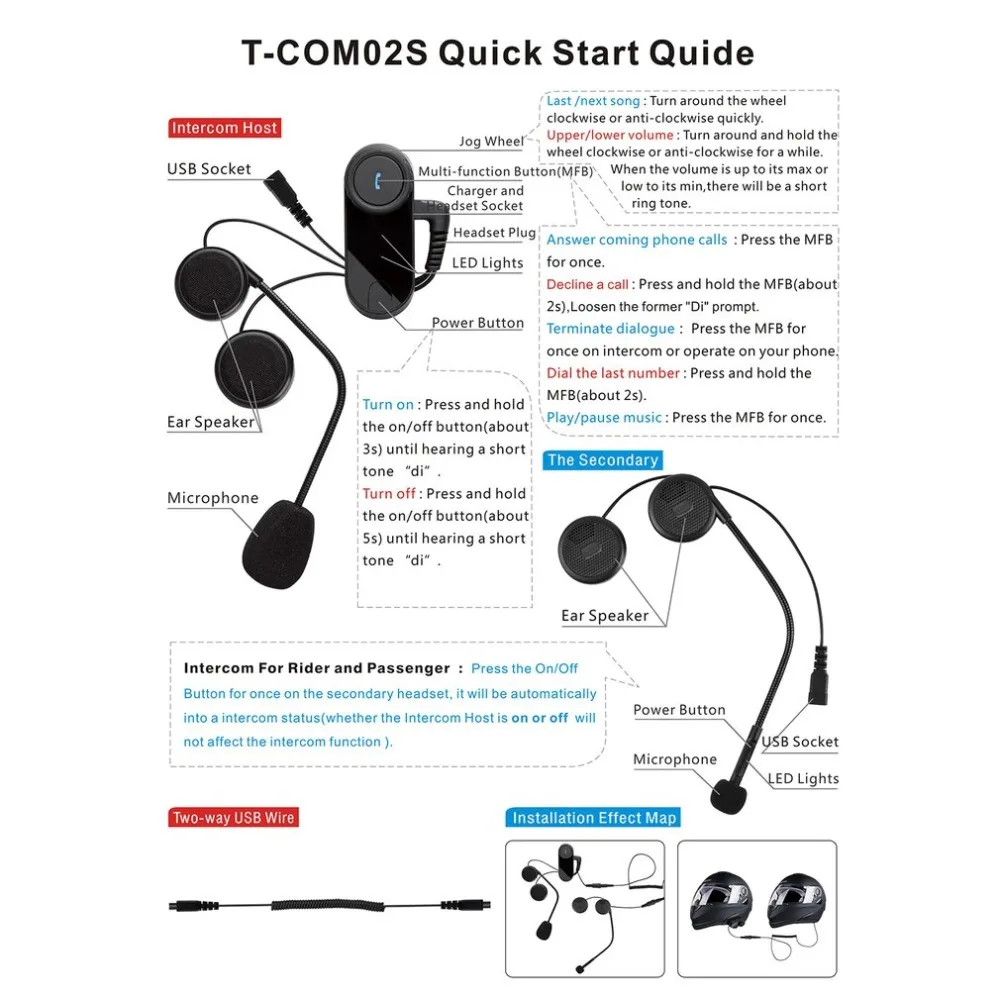

New T-COM02S Bluetooth Helmet Intercom Stereo Headphone Waterproof BT Wireless Interphone Motorcycle Helmets Hand Free Headphone