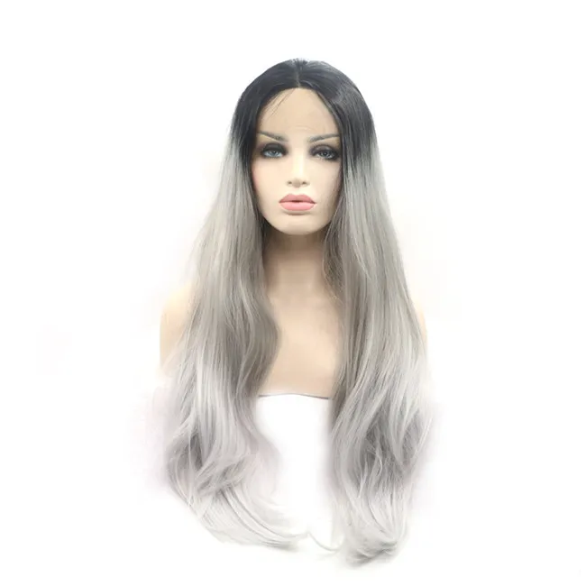 

Sylvia Black To grey Ombre Straight Hair Blonde Tips Ombre Synthetic Lace Front Wig For Women Heat Resistant Fiber Hair