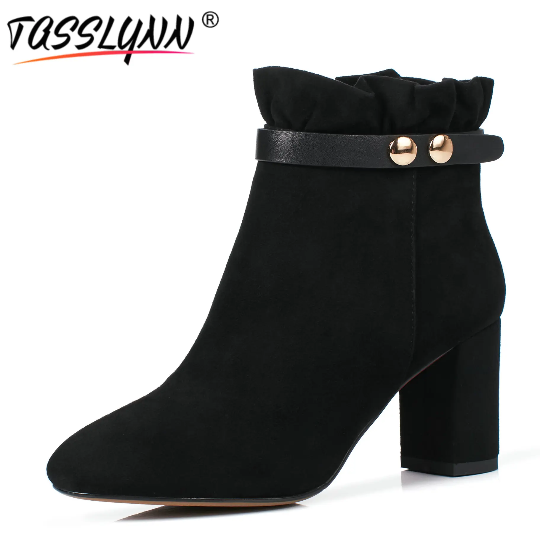 

TASSLYNN 2018 Eleagnt Women Boots Buckle Cow Suede Woman Shoes Square Heels Ankle Boots Square Toe Zip Fashion Shoes Size 34-41