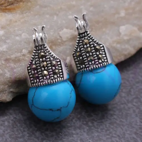 

Turquoise Blue Round Ball 925 Sterling Silver Hooks Dangle Earring new