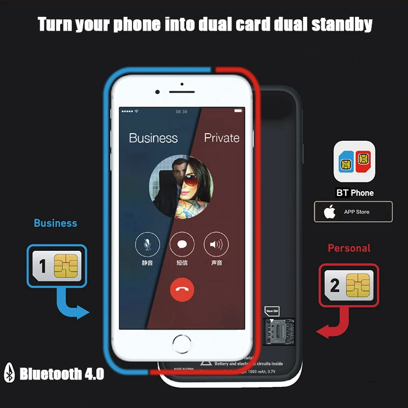 

Dual Sim Card Adapter Bluetooth Case for iPhone 6 PLUS 7 PLUS 8 PLUS 6S PLUS Slim Dual Standby Adapter Active Sim Card Holder