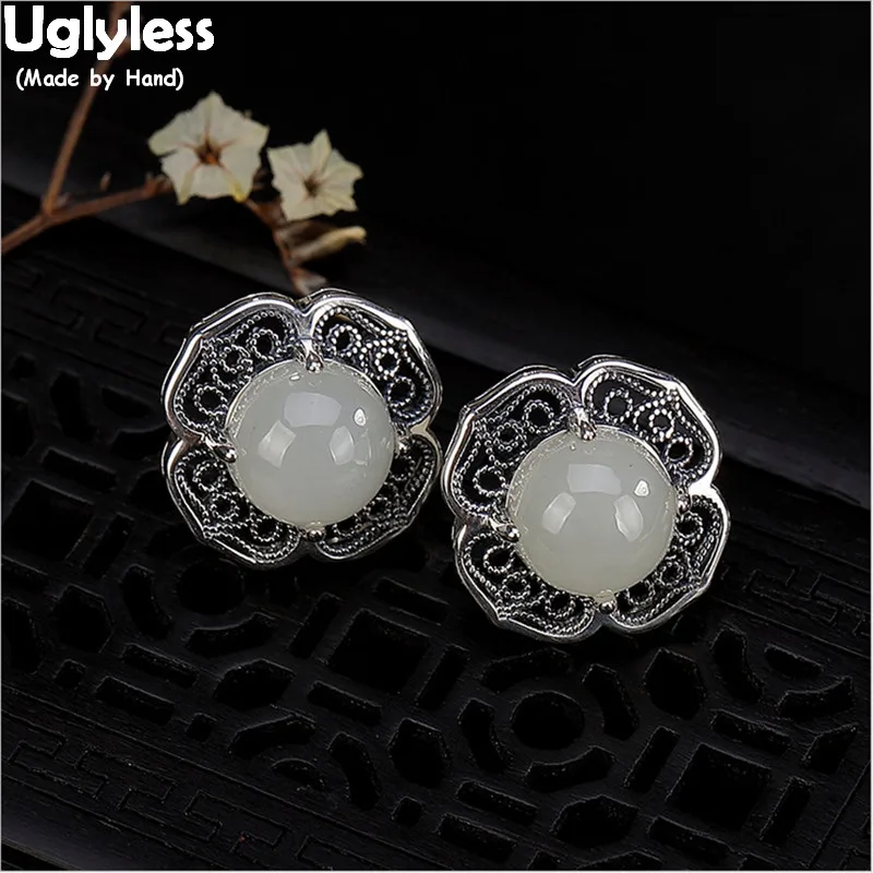 

Uglyless Real 925 Sterling Silver Handmade Filigreed Hollow Flower Stud Earrings for Women Nature Jade Floral Studs Fine Jewelry