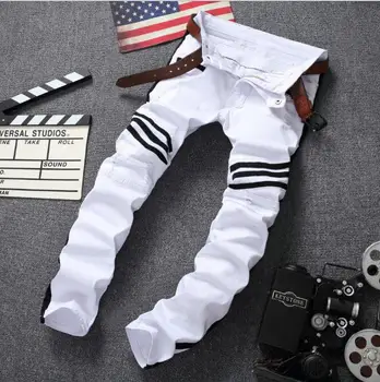 

2019 new men's high streets white zipper jeans hair stylist personality spelling Slim stretch hole jeans men's casual trousers