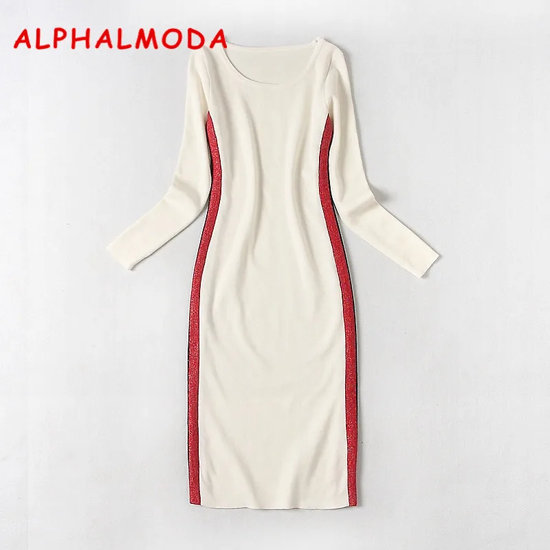 Женское трикотажное платье ALPHALMODA с длинным рукавом и блестящими полосками в