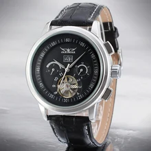 Классический Tourbillon мужские Механические Наручные Часы Черный Круглый Циферблат Серебристый Корпус Кожаный Ремешок 3 Руки Бизнес Платье Случайно