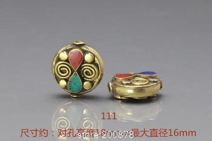 

10PCS Nepal Handmade Metal Beads 18X8mm Brass Inlay Colorful Stone Round Coin Loose Bead NBB526