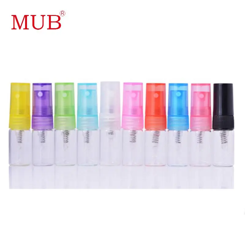 MUB-50 шт./лот 2 мл Clear Стекло многоразового флаконы 10 Цвета мини bouteilles De Parfum Пластик насоса опрыскивателя