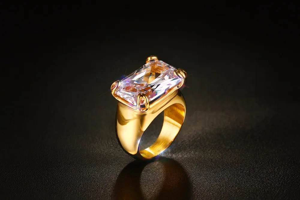 Vnox Luxury CZ Stone Ring for Women Square Zircon Rings Gold-color Stainless Steel