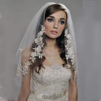 

2 Tier Double Layer Womens Elbow Length Wedding Veil Silver Thread Faux Pearl Embroidered Floral Lace Trim Bridal Veil With Comb