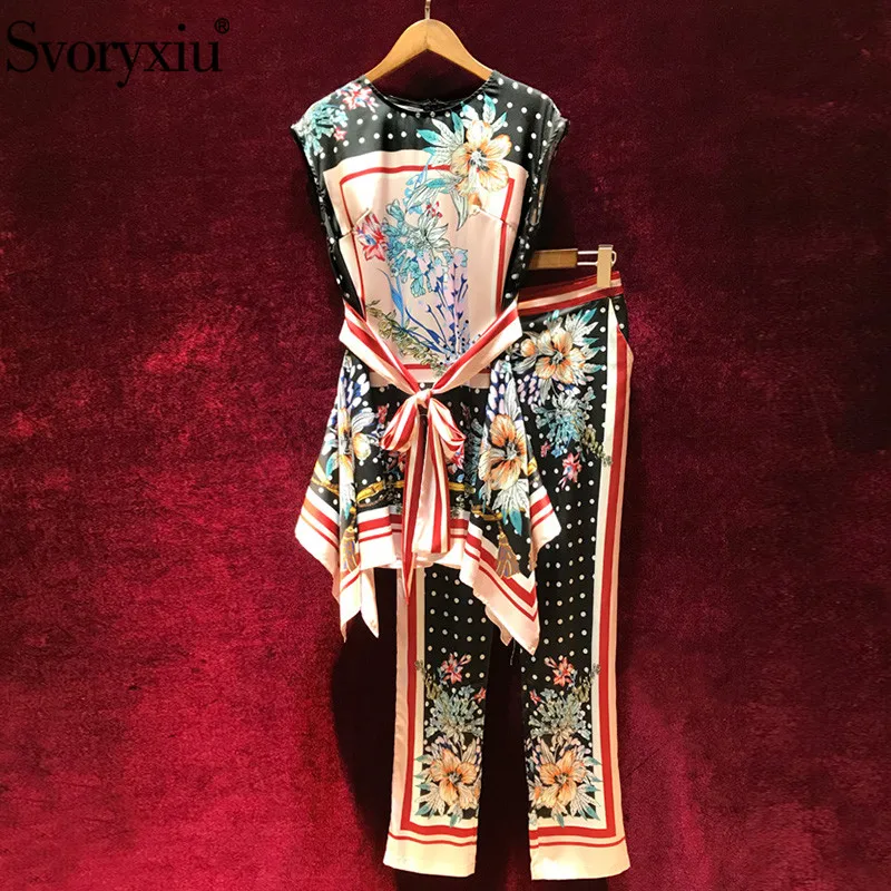 

Svoryxiu Vintage Polka Dot Flower Printed Two Piece Set Women's Asymmetry Long Tops + Ankle Length Pants Runway Pants Suits