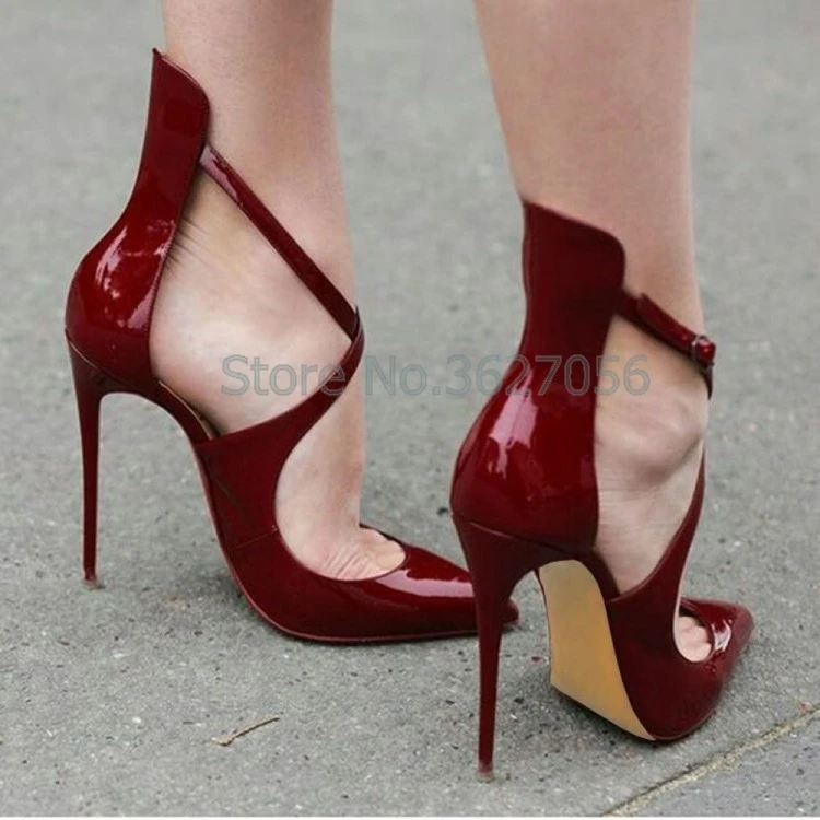 

Pointed Toe Patent Leather Thin High Heel Pumps Black Dull Red Cross Tied Buckle Elegant Concise Dress Women Shoes