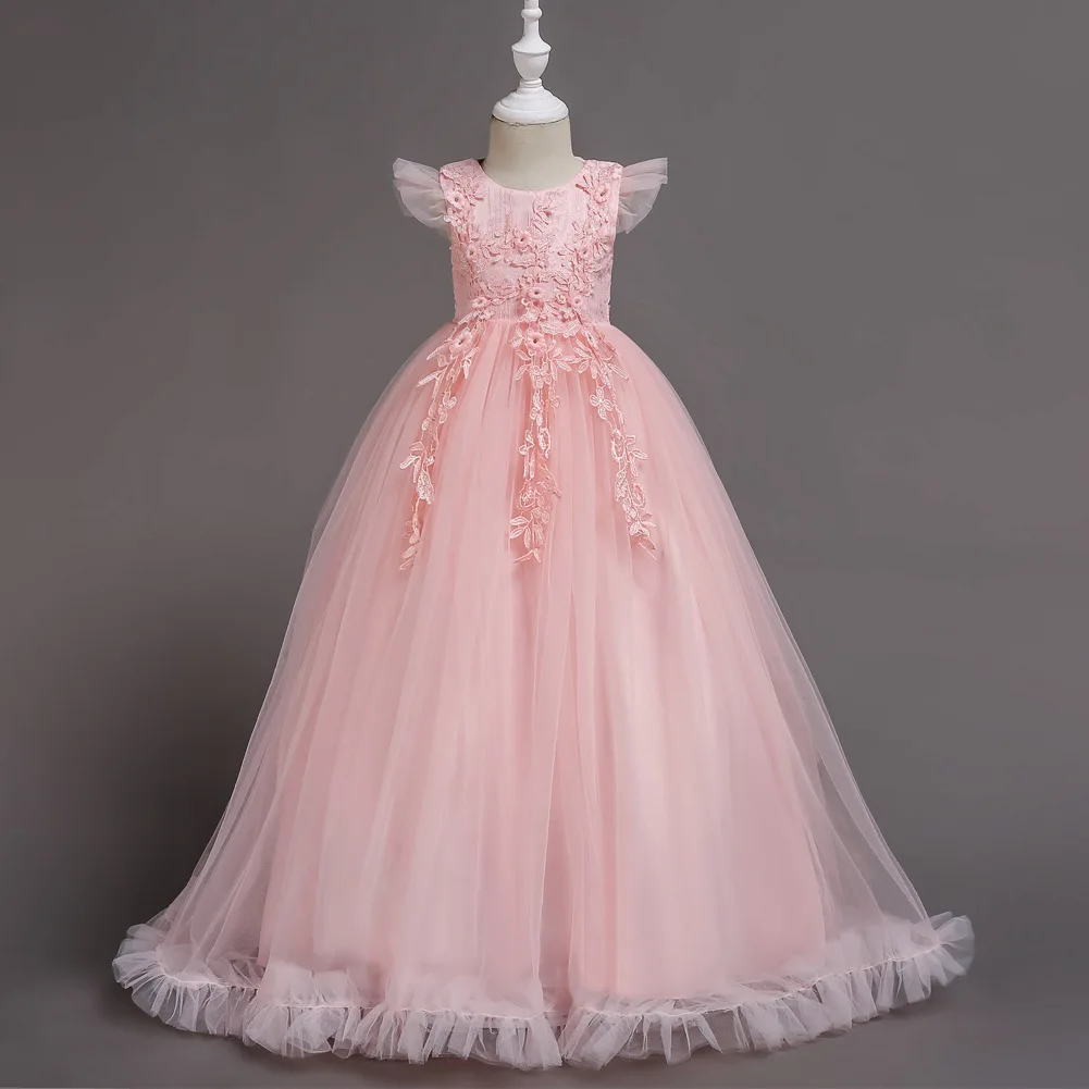

Lace Applique Formal Birthday Party Dress Princess Gown Kids Long Vestido Teenage Prom Dresses for Flower Girls Weddings