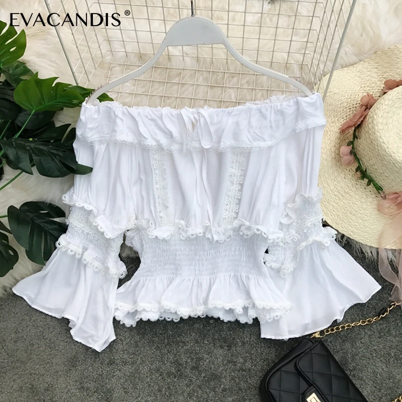 

Ruffle Lace Off Shoulder Short Women Blouse Bell Sleeve Tunic Summer Korean Sexy Elegant White Black Women Shirt Crop Top