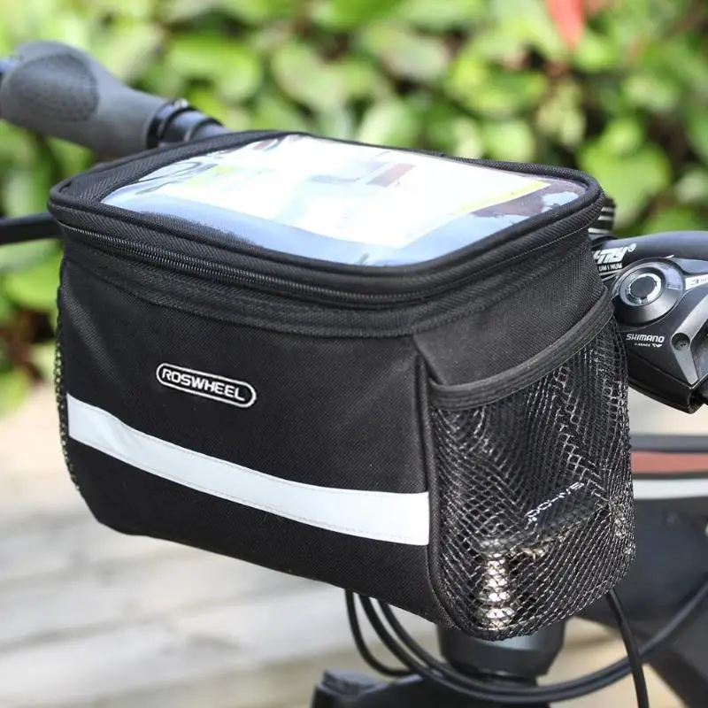 

MTB Road Bike Handlebar Bag Cool Movable Heat Protection Detachable Bicycle Front Bag(Map Allowed) with Broader Reflective Strap
