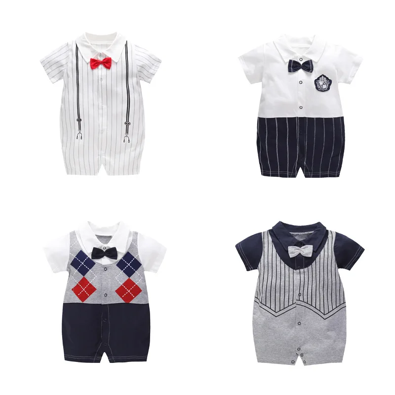 

Baby Summer Short Sleeve Climbing Clothes Newborn Baby Cotton Thin Rompersinfant Boys Girls Gentleman One-piece Dress Pajamas