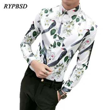 

New 2018 Printed Casual Men Bird Shirt Men Spring Long Sleeve Dress Shirt Men Slim Fit Social Shirt Camisa Masculina