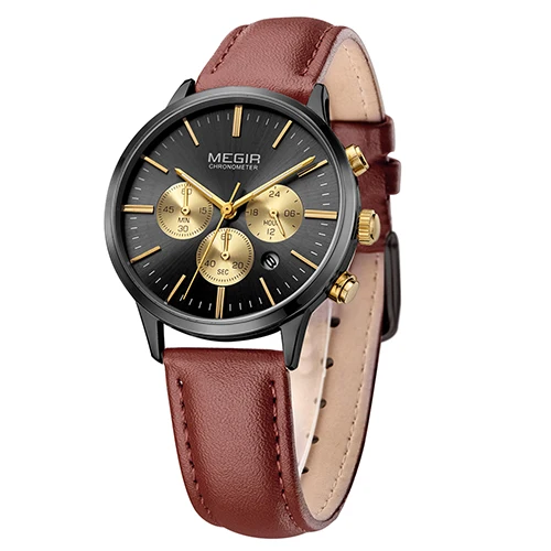 MEGIR, хронограф, роскошные женские часы-браслет, Relogio Feminino, модные кварцевые часы для влюбленных, наручные часы, часы для девушек, подарок 2011 - Цвет: Leather A