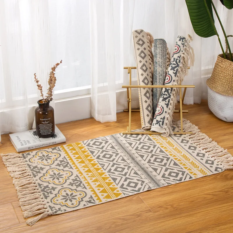 Домашний богемный коврик для гостиной спальни из хлопка пеньковый коврик скандинавский Ретро Национальный Ветер журнальный столик с бахромой прикроватный коврик ручной работы коврики